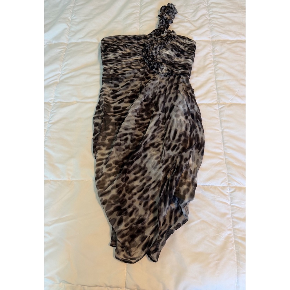 Y2K BCBGMAXAZRIA Silk cocktail Dress Women 2 Grey Leopard One Shoulder Ruffle